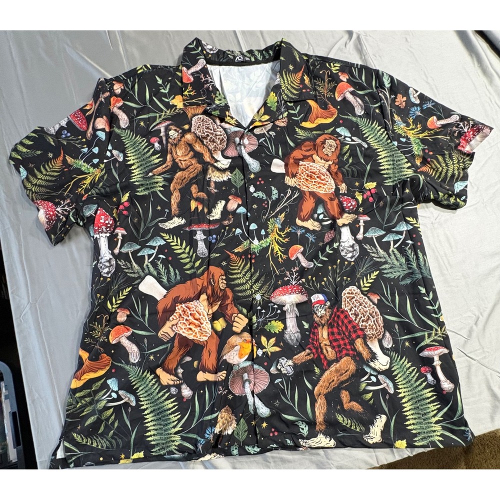 ACE Bigfoot Mushroom Morel Forest Print Mens 5XL Short Sleeve Button Down Shirt
